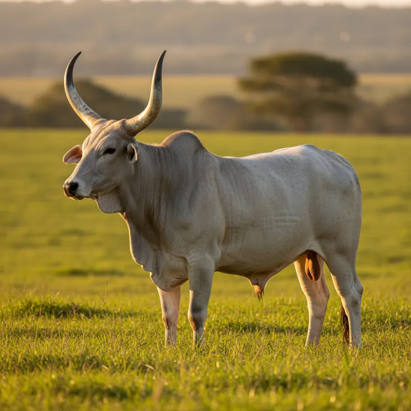 Bovino Guzerá de pelaje gris plateado con cuernos largos en forma de lira, raza cebuina de doble propósito