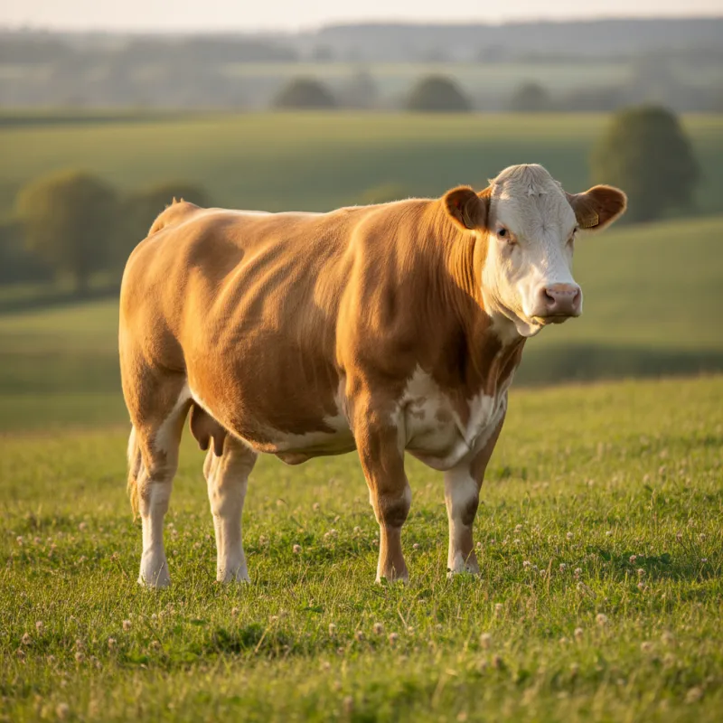Bovino Simmental de pelaje amarillo dorado con cara blanca, raza taurina europea de doble propósito